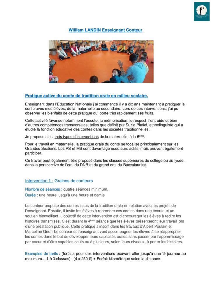 Pratique active du conte de tradition orale en milieu scolaire 2026
